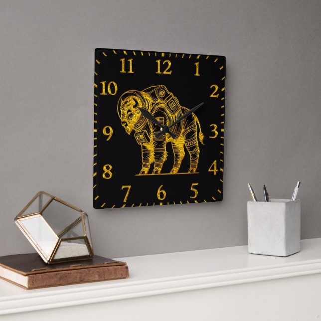 Gold Bison in Astronaut Suit Exploring Space Square Wall Clock (Office)