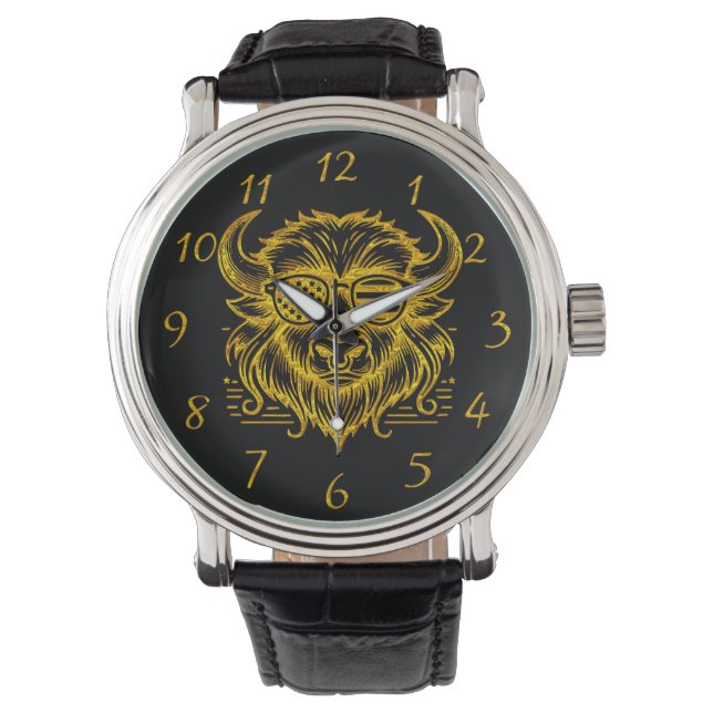 Gold Bison in Sunglasses Illustration Watch (Front)