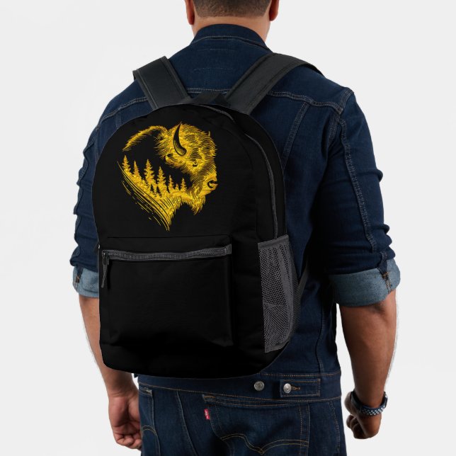 Gold Bison Portrait With Forest Silhouette Design Printed Backpack (Insitu (Model))