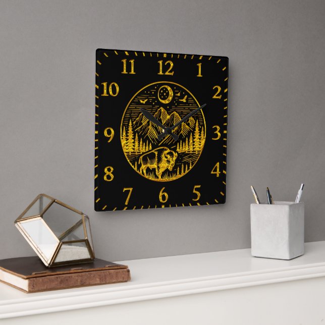 Gold Bison Roaming Under a Moonlit Mountain Sky Square Wall Clock (Office)