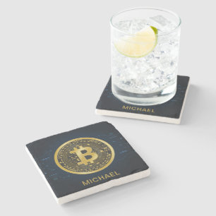 Gold Bitcoin Cryptocurrency Personalized Name Stone Coaster