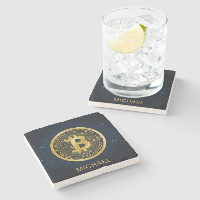 Gold Bitcoin Cryptocurrency Personalized Name Stone Coaster (Side)