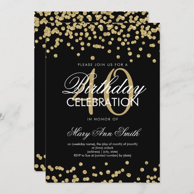 Gold Black 40th Birthday Party Glitter Confetti Invitation (Front/Back)