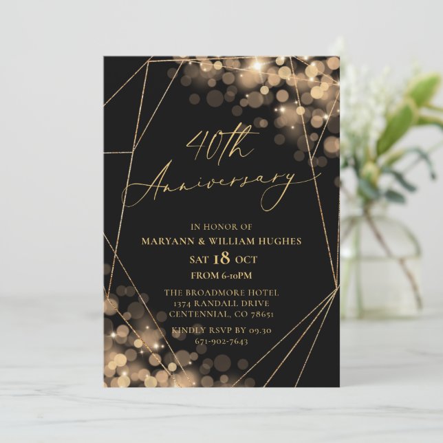 Gold & Black 40th Wedding Anniversary  Invitation (Standing Front)
