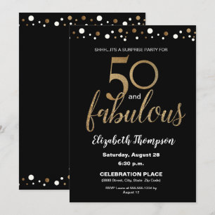 Gold Black 50 and fabulous Surprise Birthday Party Invitation