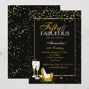 Gold Black 50 Fabulous Birthday champagne party Invitation