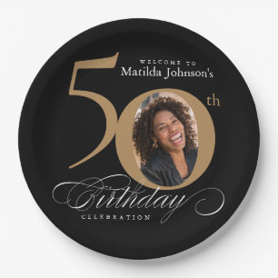 Gold Black 50th Birthday Calligraphy Custom Photo Paper Plate