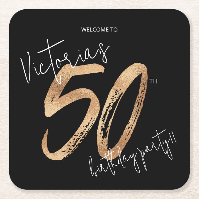 Gold Black 50th Birthday Modern Sassy Elegant Square Paper Coaster (Front)