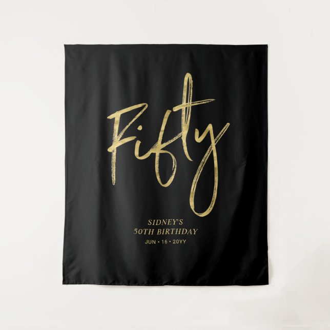 Gold & Black 50th Birthday Party Backdrop Tapestry (Front)