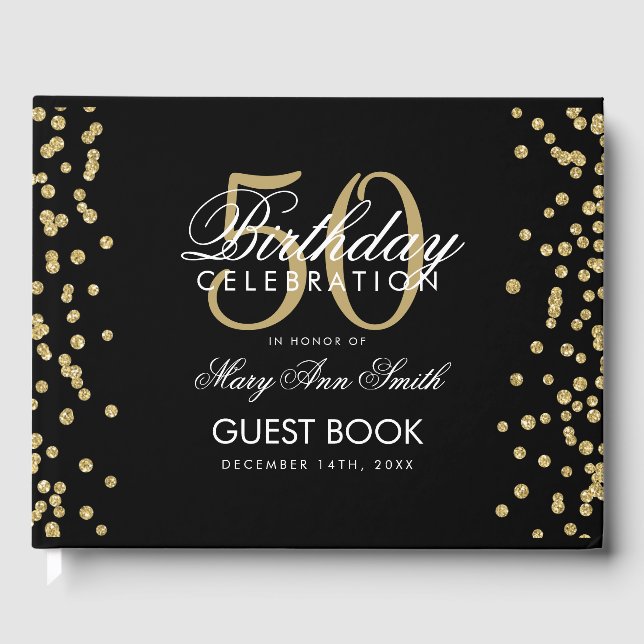 Gold Black 50th Birthday Party Glitter Confetti Guest Book (Front)