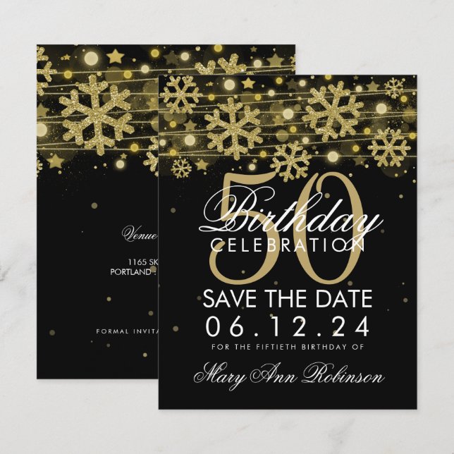 Gold Black 50th Birthday Save Date Winter Invitation (Front/Back)