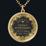 Gold & Black 50th Wedding Anniversary Gold Plated Necklace<br><div class="desc">Image of a gold shiny floral damask and gold diamonds with a customizable text template for you to customize.</div>