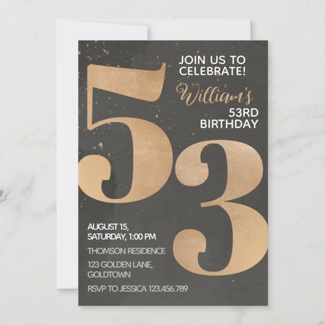 Gold Black 53rd Birthday Invitation (Front)