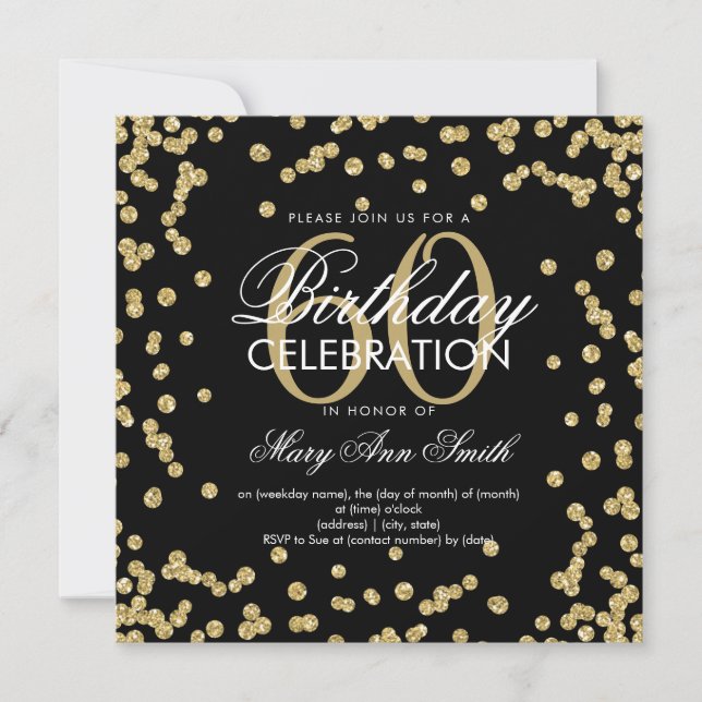 Gold Black 60th Birthday Glitter Confetti Invitation (Front)