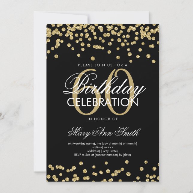 Gold Black 60th Birthday Party Glitter Confetti Invitation (Front)