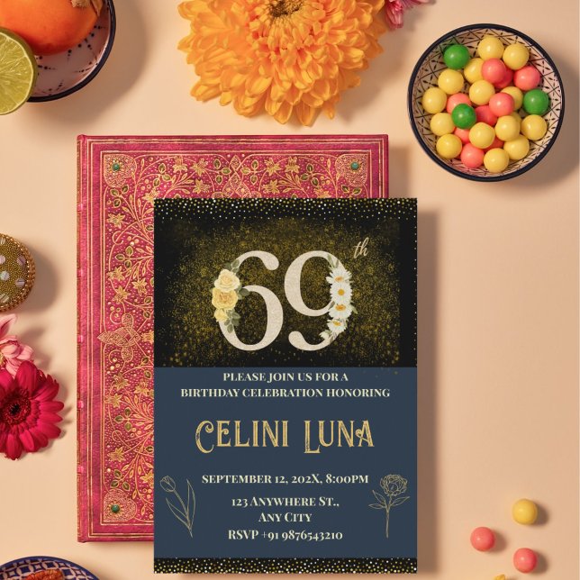 Gold & Black 61st–69th Birthday Party Invitations (Gold & Black 69th Birthday Invitations)