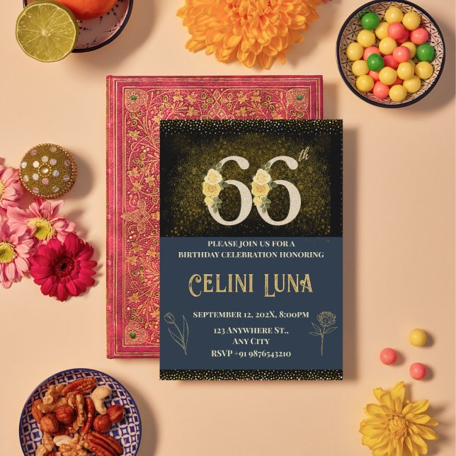 Gold & Black 66e anniversaire Invitations (Gold & Black 66th Birthday Invitations)