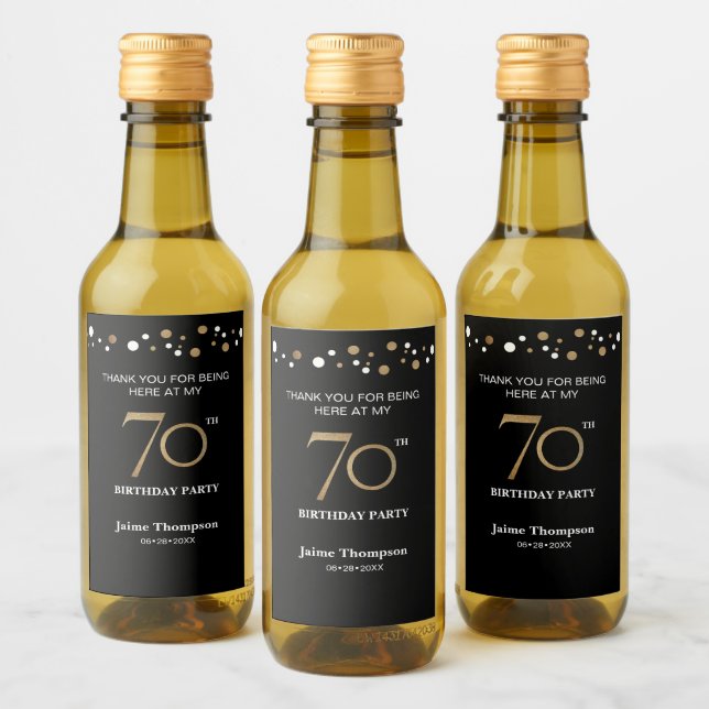 Gold black 70th birthday theme confetti thank you  wine label (Bottles)