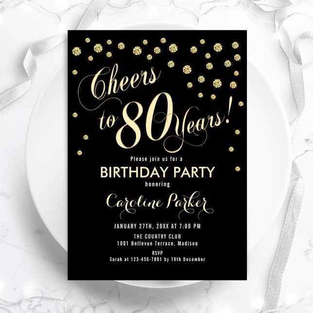 Gold Black 80th Birthday Party Invitation (Creator Uploaded)