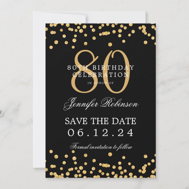 Gold Black 80th Birthday Save the Date Confetti Invitation (Front)
