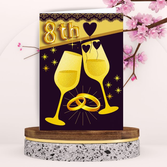 Gold Black 8th Anniversary Card with Rings Hearts  (Creator Uploaded)