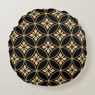 Gold & Black: Abstract Floral Vintage Round Pillow