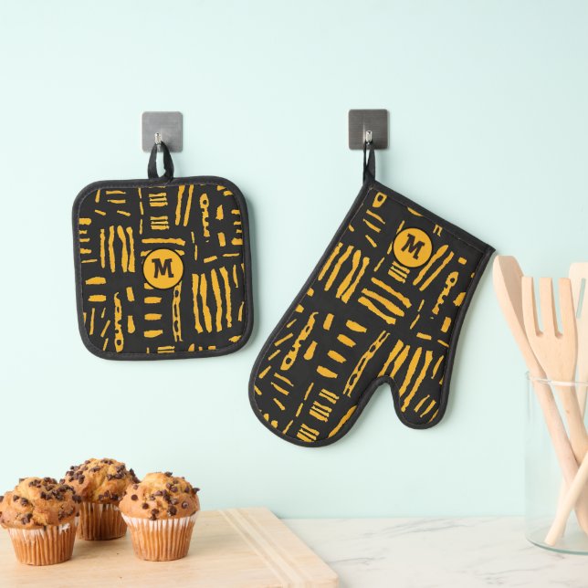 Gold Black African Line Pattern Monogram Oven Mitt & Pot Holder Set (Insitu(Hanging))