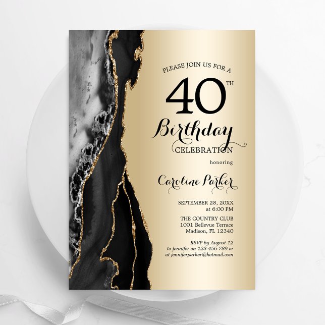 Gold Black Agate 40th Birthday Invitation (Creator Uploaded)