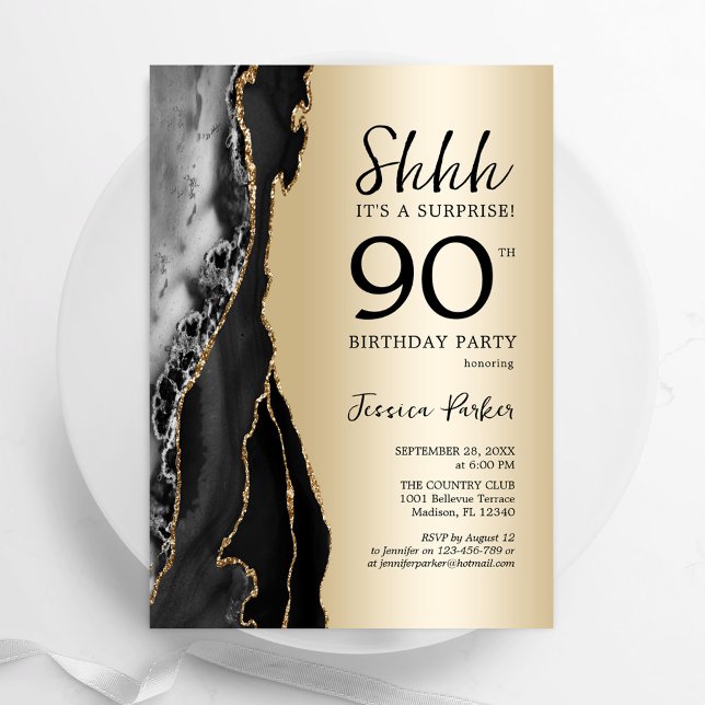 Gold Black Agate Surprise 90th Birthday Invitation (Creator Uploaded)