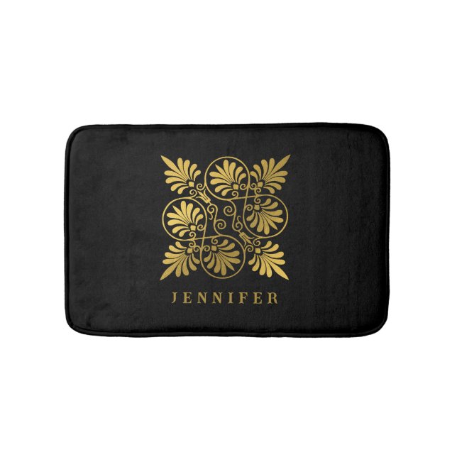Gold Black Ancient Greek Meander Monogram Bath Mat (Front)