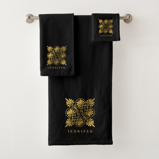 Gold Black Ancient Greek Meander Monogram Bath Towel Set (Insitu)