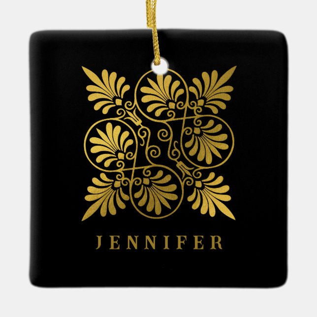 Gold Black Ancient Greek Meander Monogram Ceramic Ornament (Front)