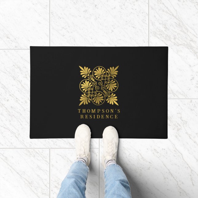Gold Black Ancient Greek Meander Monogram Doormat (Indoor)