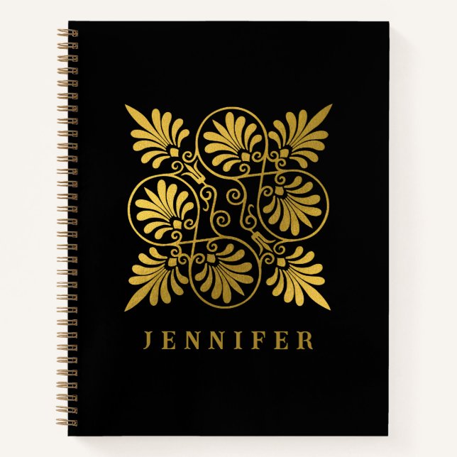 Gold Black Ancient Greek Meander Monogram Notebook (Front)