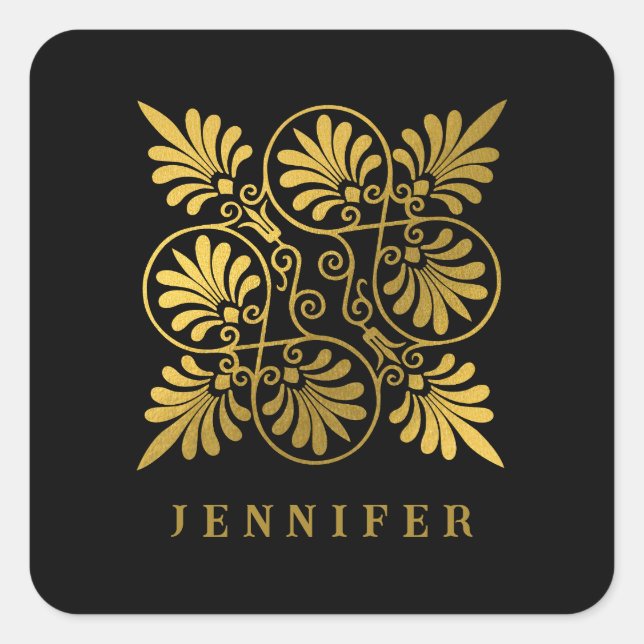 Gold Black Ancient Greek Meander Monogram Square Sticker (Front)