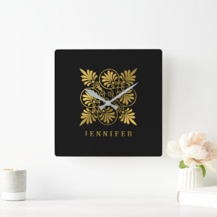 Gold Black Ancient Greek Meander Monogram Square Wall Clock