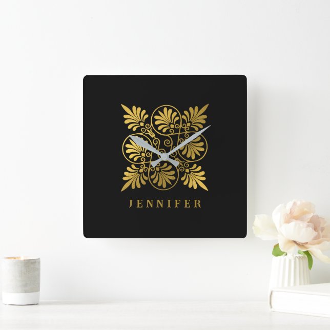 Gold Black Ancient Greek Meander Monogram Square Wall Clock (Home)