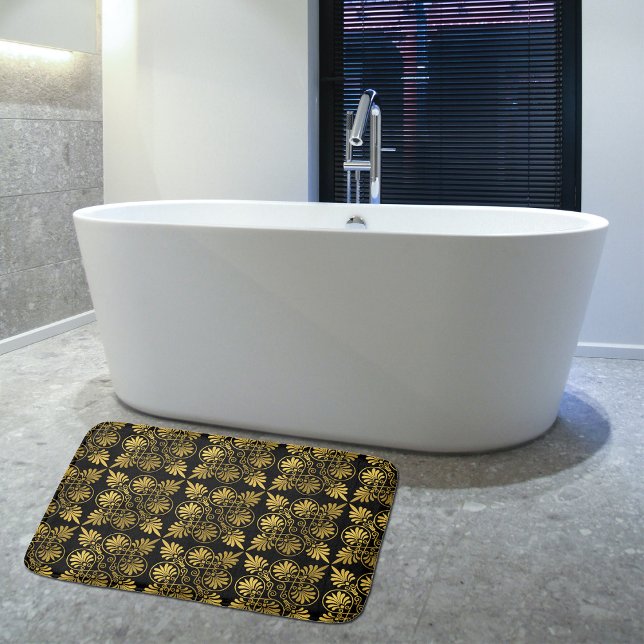 Gold Black Ancient Greek Meander Pattern Bath Mat (Creator Uploaded)