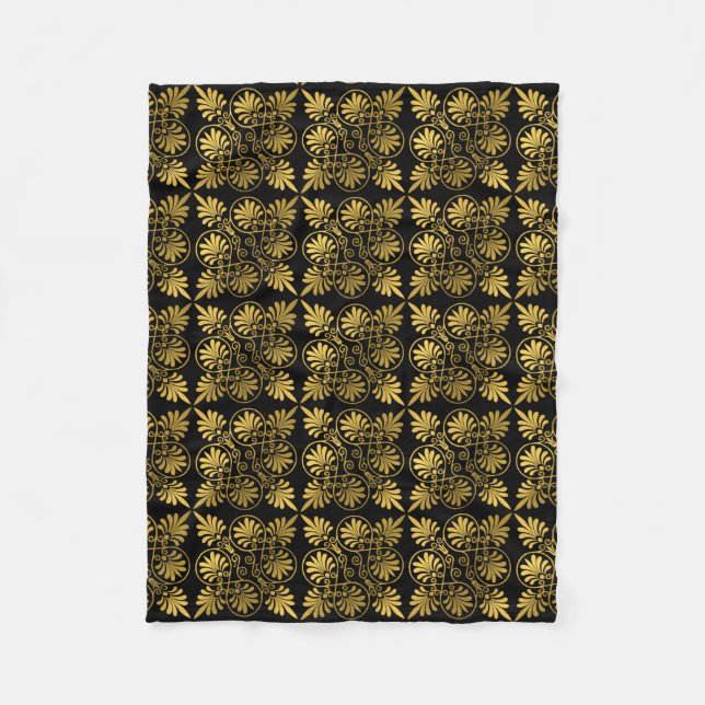 Gold Black Ancient Greek Meander Pattern Fleece Blanket (Front)