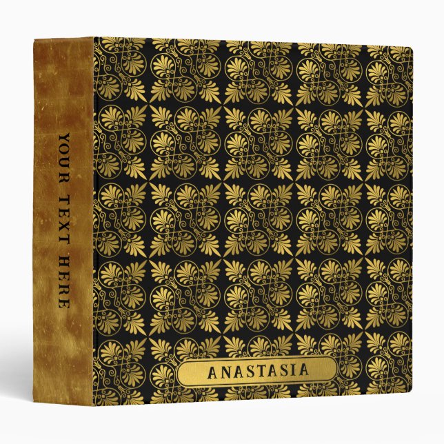 Gold Black Ancient Greek Meander Pattern Name Binder (Front/Spine)