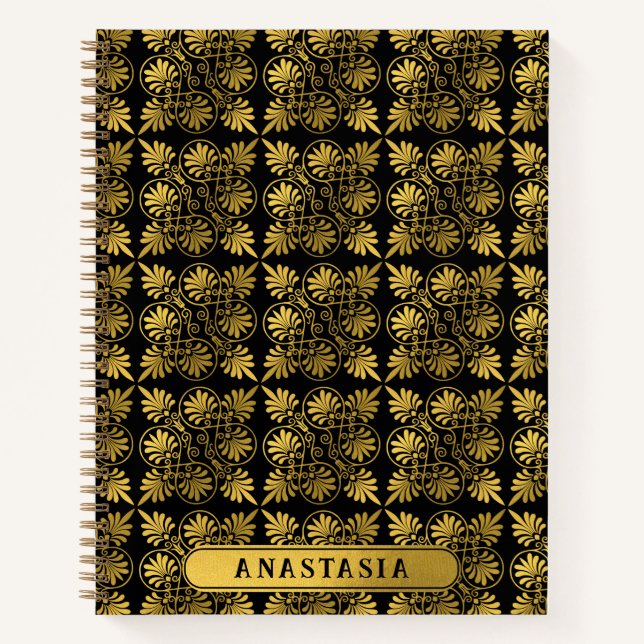 Gold Black Ancient Greek Meander Pattern Name Notebook (Front)