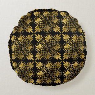 Gold Black Ancient Greek Meander Pattern Round Pillow