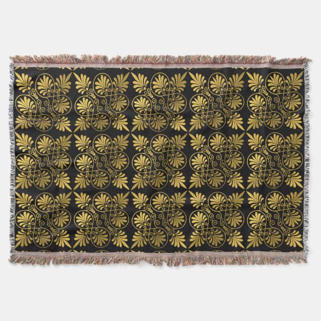 Gold Black Ancient Greek Meander Pattern Throw Blanket (Front)