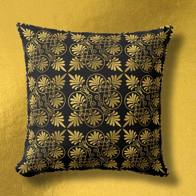 Gold Black Ancient Greek Meander Pattern Throw Pillow (Creator Uploaded)