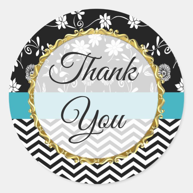Gold, Black and Blue Floral Thank You Stickers (Front)