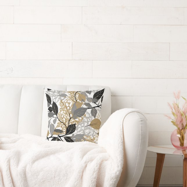 Gold, Black and Gray Leaf Vine Design Throw Pillow (Couch)