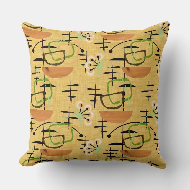 Gold, Black and Green Fifties Retro Style Throw Pillow (Front)