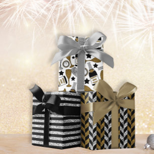 Gold, black and silver New Year set of 3 Wrapping Paper Sheet