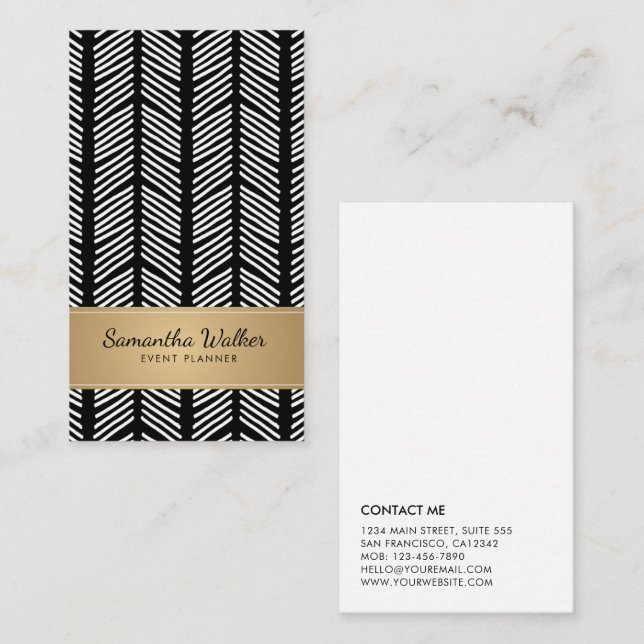 Gold black and white abstract line pattern business card (Front/Back)
