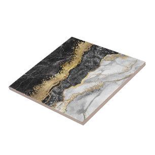 Gold Black And White Abstract  Tile